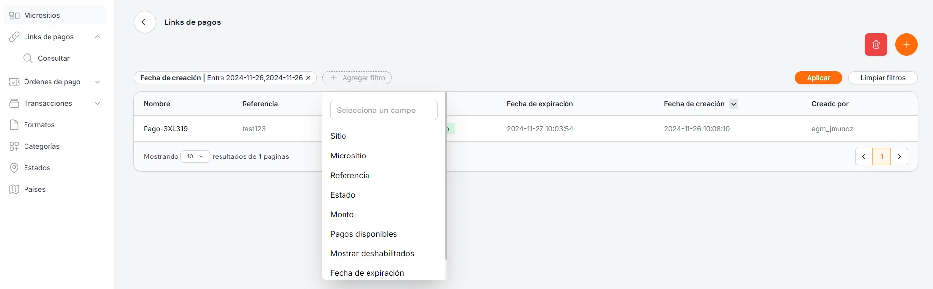 Search payment links